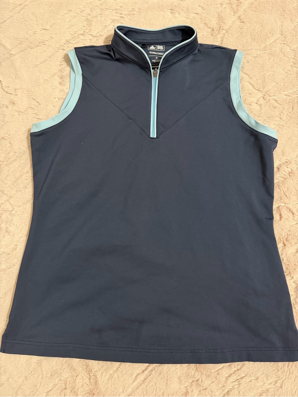 adidas Navy Sleeveless Quarter-Zip Tank with Light Blue Trim